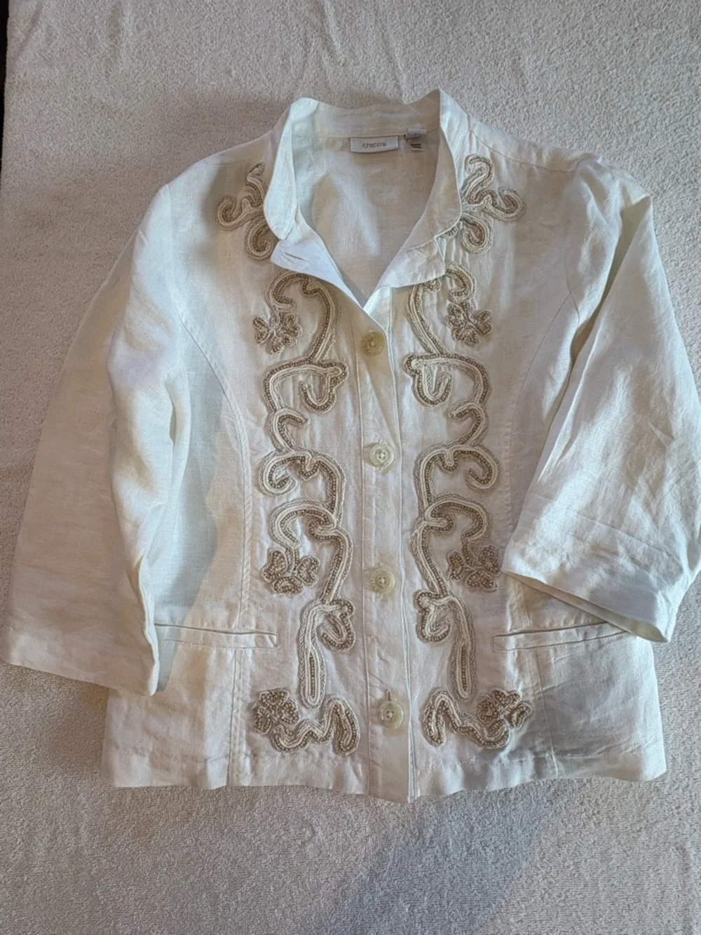 Chico’s Ivory Linen Beaded Blazer Coastal Grandma Boho Jacket Size 2 (L) - Picture 2 of 9